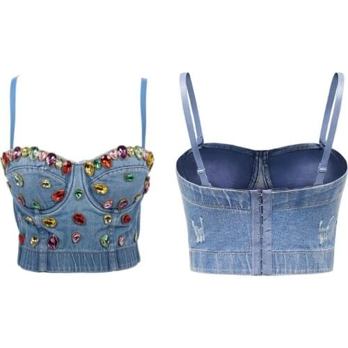 Women Colorful Diamond Denim Bustier Crop Top Jewelry Club Jean Corset Camisole