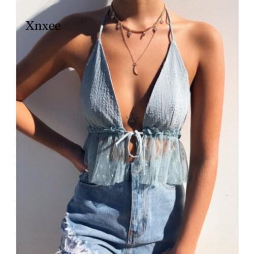 Women Summer Sexy Camis Cross Halter Bandage Crop Top Tank Cut Out Bustier Camis Women Ruffle Fashion Clothes Short Tops