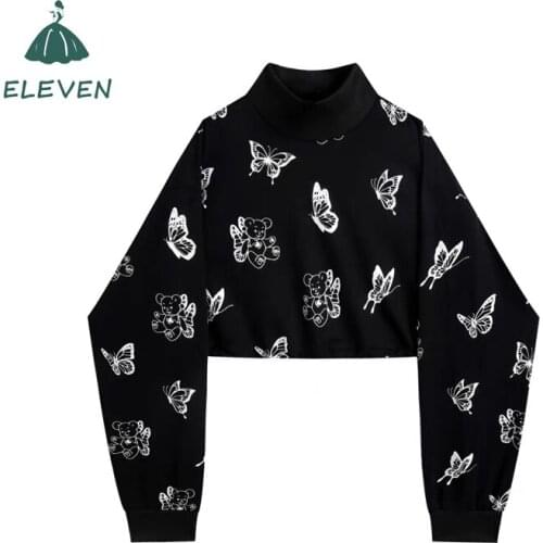 Harajuku Black High Waist Pullover Womens Thin Long Sleeve Hoodie Loose Bear Butterfly Print Stand Collar Cropped Top