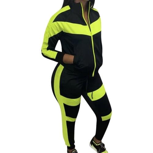Women Sport Fitness 2 Piece Tracksuit Set Neon Green Stripe Color Block Black Matching Sweatsuit Jacket Jogger Outfit Plus Size