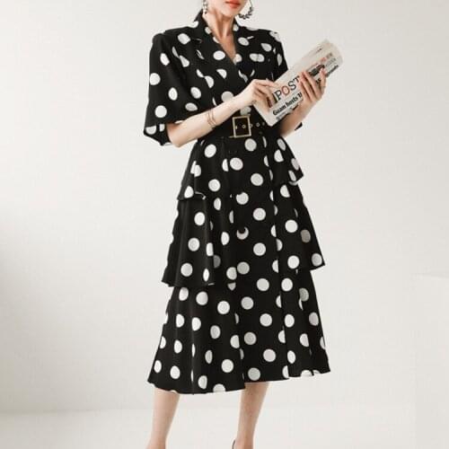 High Quality 2021 Korea Summer Elegant Temperament Polka Dot Double-Breasted Layered Ruffled Stitching Chic Long Dress Vestido