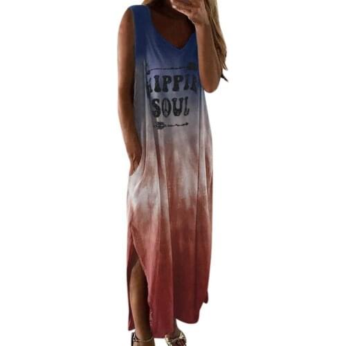 Women Boho V Neck Sleeveless Gradient Color HIPPIE SOUL Pockets Long Loose Dress