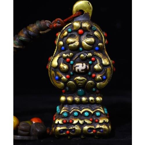 5" Tibet temple collection Old Bronze mosaic Gem Dzi Bead French seal Buddhist seal Town House Exorcism Ward off evil spirits