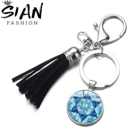 SIAN Star of David Keychain Six Point Star Amulet Religion Symbol Glass Gem Surface Art Leather Tassel Keyring Pendants Trinkets