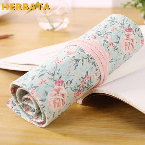 Sketch Floral Canvas Pencil Case 36/48/72 Holes Roll School Pencil Bag Large Capacity pencil Escolar Estuche Pencilcase Supplies