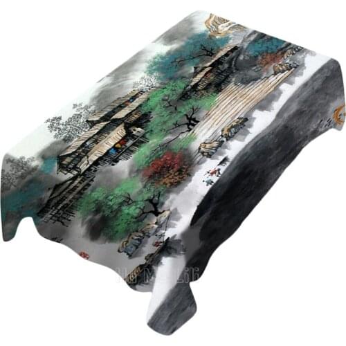 Fine Arts Decorative Rectangle Table Cloth Cute Animal Stickers Mountain Ink Painting Washable Water Resistance Microfiber