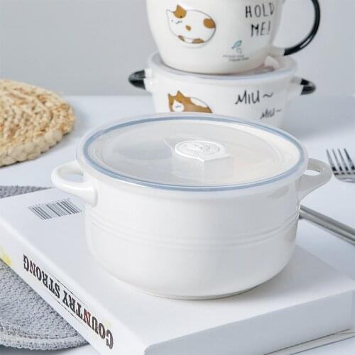 Ceramic Cartoon Lunch Box Instant Noodles with Lid Bowl Bento LunchBox Portable Food Container For Kids Tableware Dinnerware