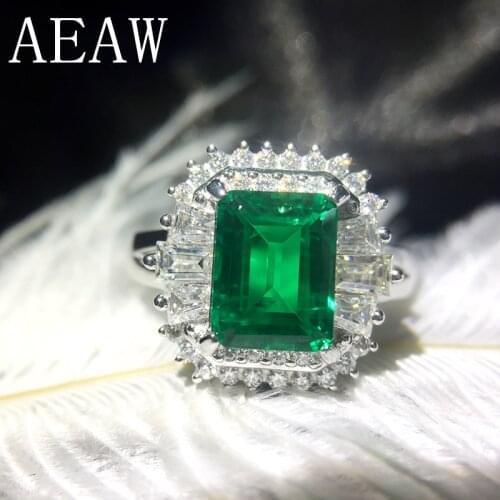 4ct AAA Lab Created Colombian Emerald CCE Genuine Solid 18k White Gold with Lab Diamond Moissanite Emgagement Ring