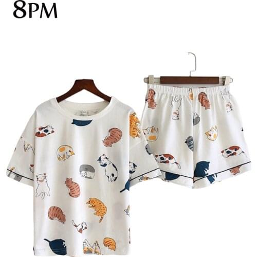 Short Sleepwear Sets Womens Pajamas Set Cute Cat Pattern Sleepwear Cartoon Round Neck Nightwear Loose Casual Homewear ouc140