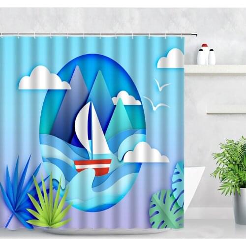 Creative Ocean Sea Wave Sailing Children Shower Curtain Set Waterproof Bathroom Decor Tropical Plants Design Fabric Bath Curtain