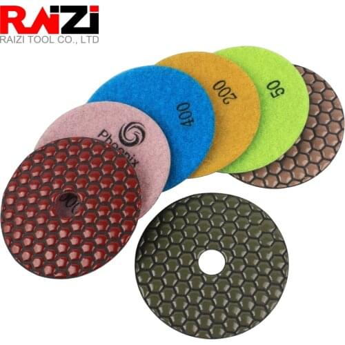 Raizi 4 inch/100 mm best flexible diamond dry polishing pads for granite marble concrete Grit 50-3000 sanding disc