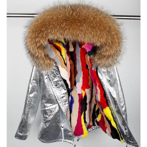 Rabbit fur Lined parka Natural Fur coat Silver pu coat real fur coat winter jacket women natural raccoon fur collar warm parkas