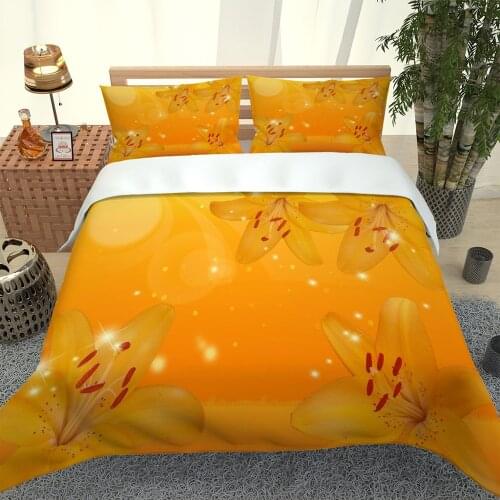 Personalized bed sheet three-piece printed three-dimensional curtain double quilt cover bedding gold lily bedding