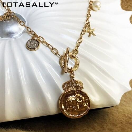 TOTASALLY INS hot Vintage Party Necklace Elephant Engraved Pendant Coin Starfish Anchor Pearl Charms Collar Necklaces