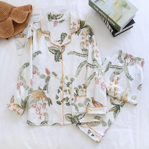 Long Sleeve Spring 100%cotton Pajamas for Women Two Piece Pyjamas Set Plus Size Printed Homewear Female Home Suit Loungewear