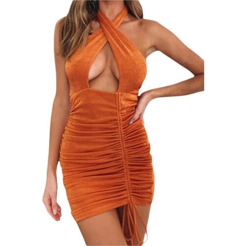 Women’s Fashion Solid Color Skinny Dress Sexy Halter Bandage Hollow Drawstring Short Dress