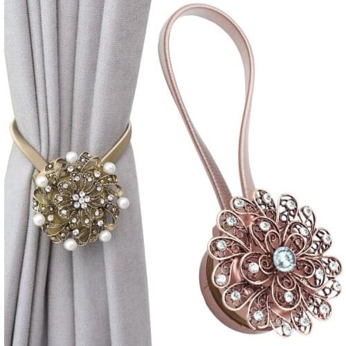 2pcs Alloy Flower Shaped Magnetic Curtain Tieback Buckle European Retro Curtain Drapery Rope Spring Strap Holdbacks Home Decor