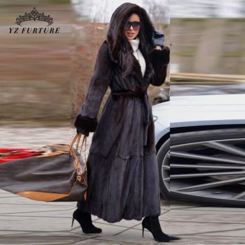 2020 New Real Mink Fur Coat With Hood X-long Full Pelt Fur Natural Warm Women Winter Real Fur Coats Genuine Plus Size MKW-117