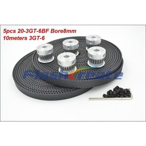 5pcs 20 Teeth 3GT Synchronous Pulley Bore 5/6.35/8mm + 10meters 3GT Rubber Belt Width 6mm 20Teeth 20T GT3 Timing Belt Pulley