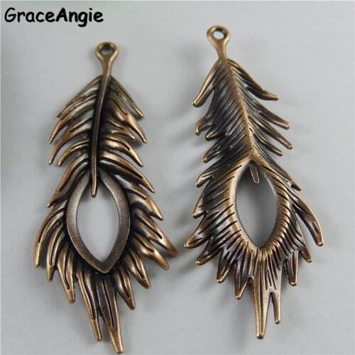 5PCS Retro Red Copper Peacock Feather Bracelet Charms Bohemia Jewelry Necklace Pendants 71*27mm Handmade Craft Jewelry Findings