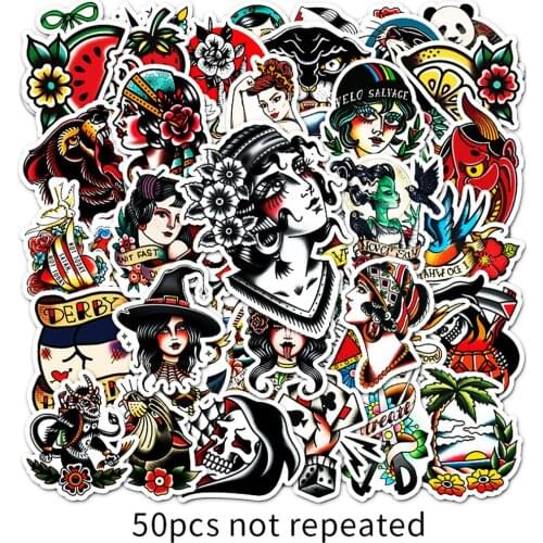 50Pcs Retro Old School Tattoo Style Sticker Refrigerator Skateboard Trolley Case Decals Backpack Tables Waterproof PVC Sticker
