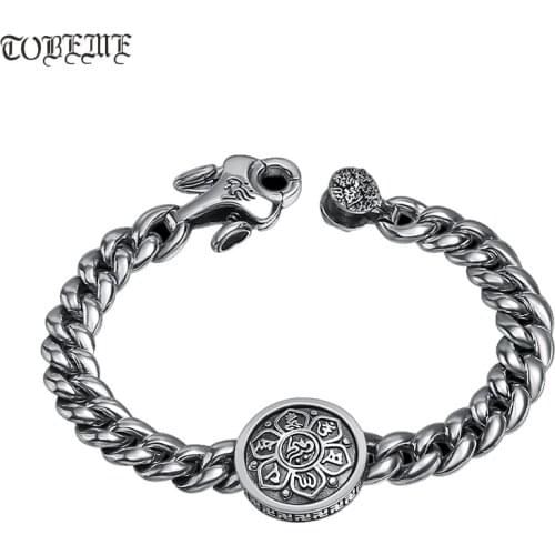 100% 925 Silver Tibetan OM Mani Padme Hum Bracelet Thai Silver Buddhist OM Mantra Bracelet Pure Silver Tibetan Bracelet