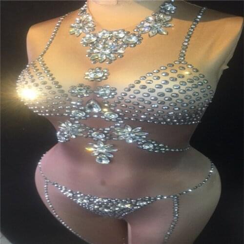 E62 Women ds bikini sexy Rhinestone bodysuit singer performance jumpsuit gogo pole dance stage costumes party wear clothe club
