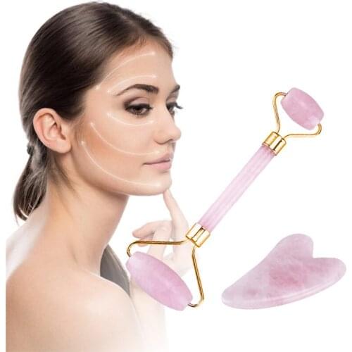 Face Lifting Tool Massager Rose Quartz Roller Slimming Natural Jade Facial Massage Roller Stone Skin Massage Beauty Care Set