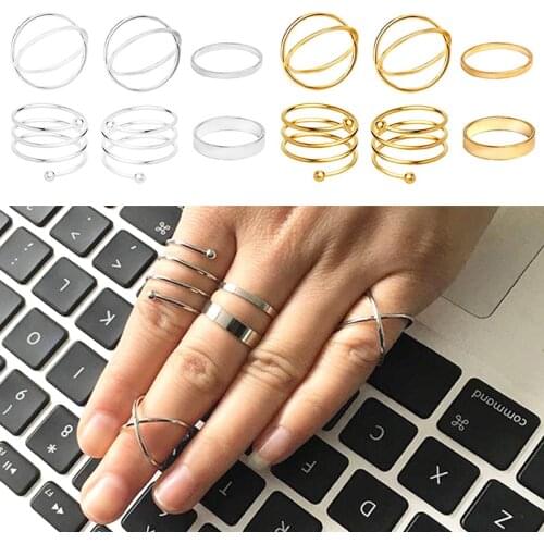 6pcs/set Simple Gold Color Rings Cross Spiral Thin Hoop Circle Finger Rings Set for Women Jewelry Toe Knuckle Rings Joint Ring