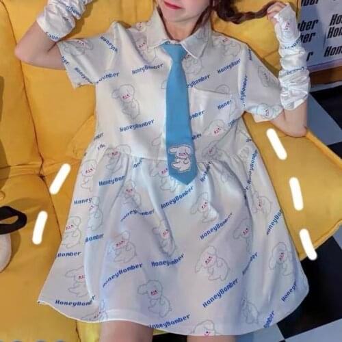 HOUZHOU Kawaii Dress Women Sweet Cute Preppy Style Cartoon Print Short Dress Suit Summer Casual Harajuku Sundress Streetwear