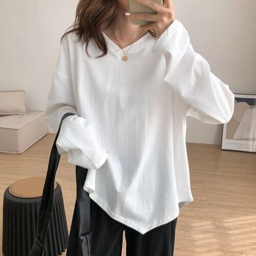 Autumn Women T shirt V neck Cotton Irregular Thin Long sleeve Loose Basic Casual Solid Color Korean White Blouse Female