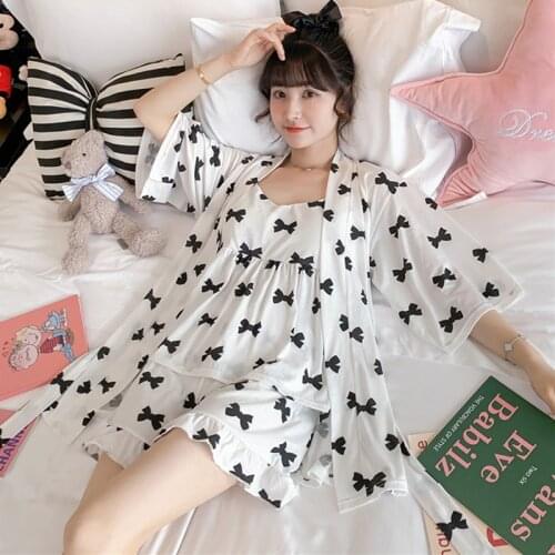 New Half Sleeve Cardigan + Sling Shirt + Shorts 3 Pieces Set Print Loose Pajamas For Women Sexy Cotton Sleepwear Home Suit
