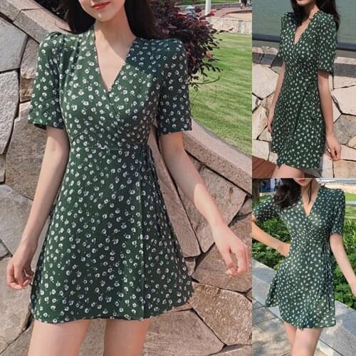 40# New Summer Print Floral Dress Women V Neck Short Sleeves Chiffon Bohemian Dresses Beach Midi Female Wrap Mini Dress Платье