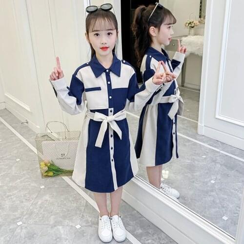Spring Autumn Girls Shirt Patchwork Dress Button Design Kids Tops Children Clothes Fashion Blazer Dress Waistbelt 4 To 14 Years