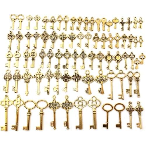Mixed collection of 82 ancient golden key pendants DIY retro steampunk necklace jewelry accessory pendant