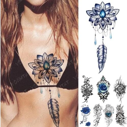 Waterproof Temporary Tattoo Sticker Blue Lotus Feather Chest Flash Tattoos Totem Flower Body Art Arm Fake Sleeve Tatoo Women Men