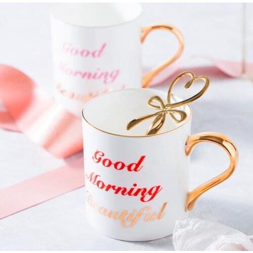 Good Morning High-grade Bone China Coffee Mug With Gold Handle Couple Ceramic Breakfast Cup Free Shiping