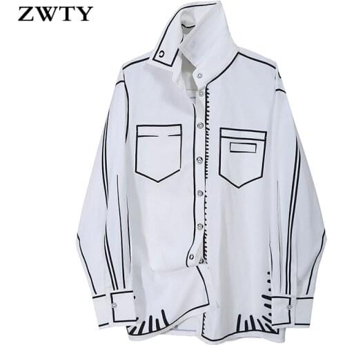 ZWTY 2021Spring Autumn Women White Pattern Printed Big Size Blouse New Lapel Long Sleeve Loose Fit Shirt Fashion Tide