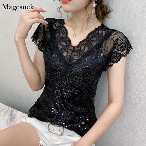 2021 Summer Women Sexy Lace Blouse New V Neck Glitter Sequin Gauze Patchwork Tops Elegant Short Sleeve Slim Black T-shirt 14652