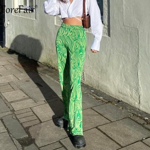 Forefair Summer 2021 Women Green Sexy Wide Leg Pants High Waist Print Fashion Straight Trousers Female Y2K Long Pants Casual