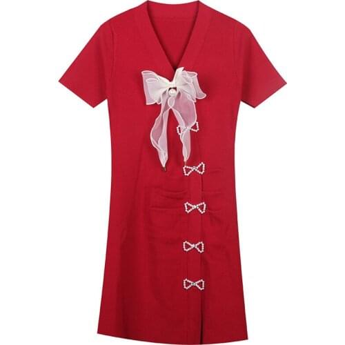 Cute Summer Dress WOmen V neck Bows Appliques SHort Sleeve Knitted Sweater Dress 2021 Fashion New A line Dress