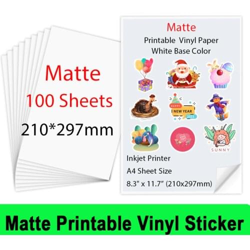 100Sheets A4( 210*297mm) Matte Printable Vinyl Sticker Paper Self-adhesive Inkjet Printer Paper for Inkjet printer Copy Paper