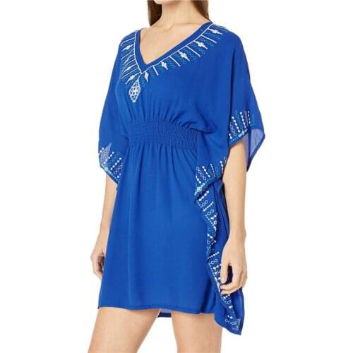 2021 Quick-drying Casual Embroidered V-neck Boho Summer Beach Dress Blue Cotton Tunic Women Beachwear Plus Size Mini Dress N924