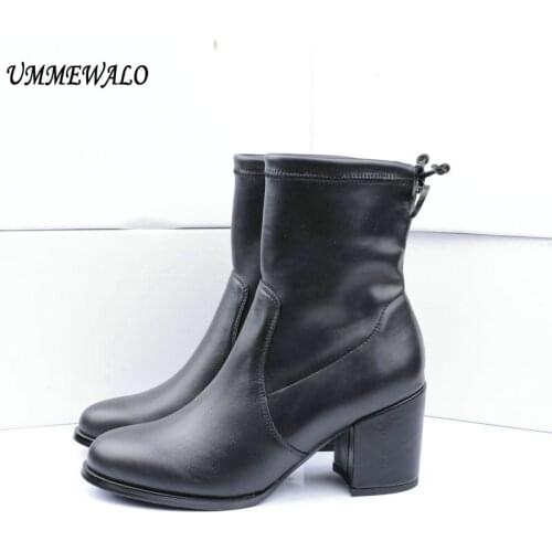 UMMEWALO Boots Women Genuine Leather High Heel Elastic Boots Qualiy Shoes Ladies Casual Autumn Winter Shoes botines mujer
