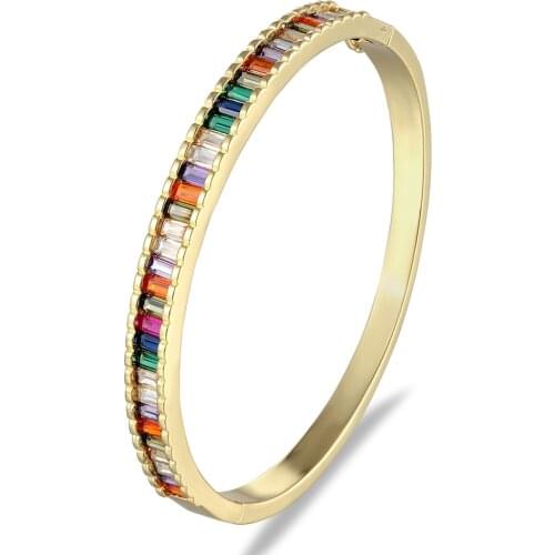 Top Quality Cuff Bangles Gold Color Rainbow CZ Stone Rhinestone Bracelet Luxury Copper Jewelry For Women Girls Engagement Gift