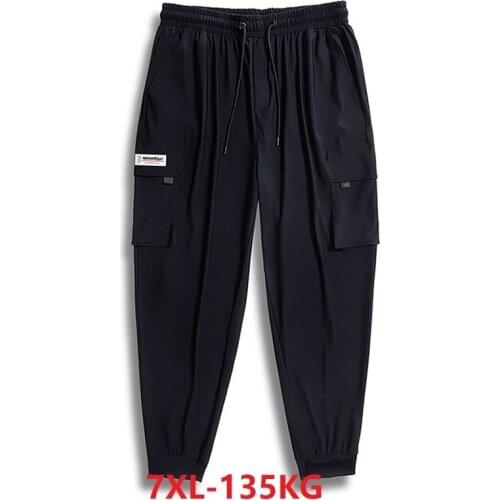 Summer Men Ice silk cargo pants sports oversize high streetwer pants pockets large size6XL 7XL korea style pencil pants balck 48