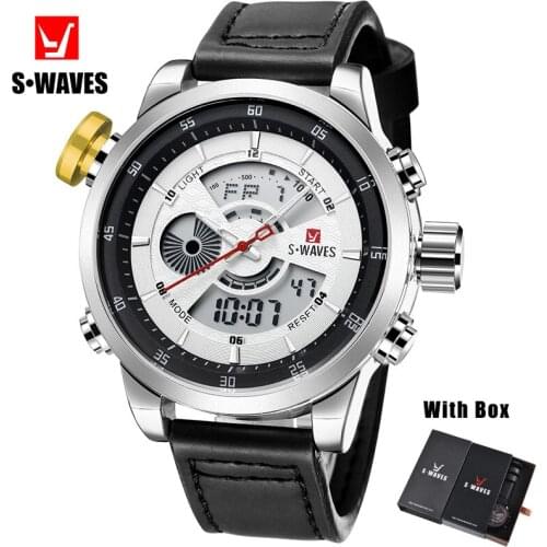 Swaves Brand Leather Watch Man Dual Display Waterproof Wristwatch Mens Digital Quartz Watches With Box Luxury Relogio Masculino