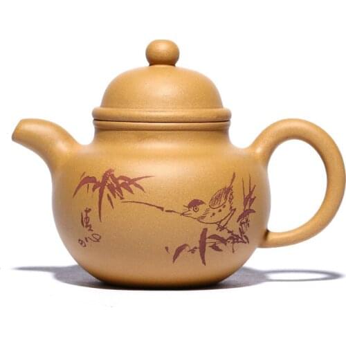 Zisha Teapot Yixing Handmade Pot Kung-fu Teaware Purple Clay Drinkware For Puer Golden Section Clay Carved And Painted Ball Pot