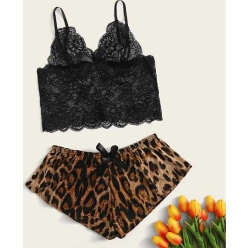 Pajamas Sleepwear Sexy Sleepwear Set Women Lace Crop Top Lingerie Leopard Print Shorts Briefs Boxer Underwear Pajamas Satin