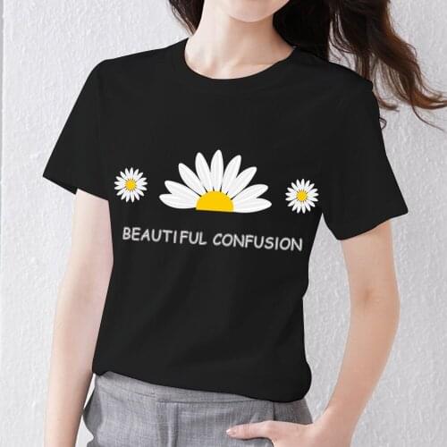Summer Women Print T-shirts Cute Daisy Pattern Series Lady Tee Shirt Dropshipping Black All-match O-neck Female Short Sleeve Tee